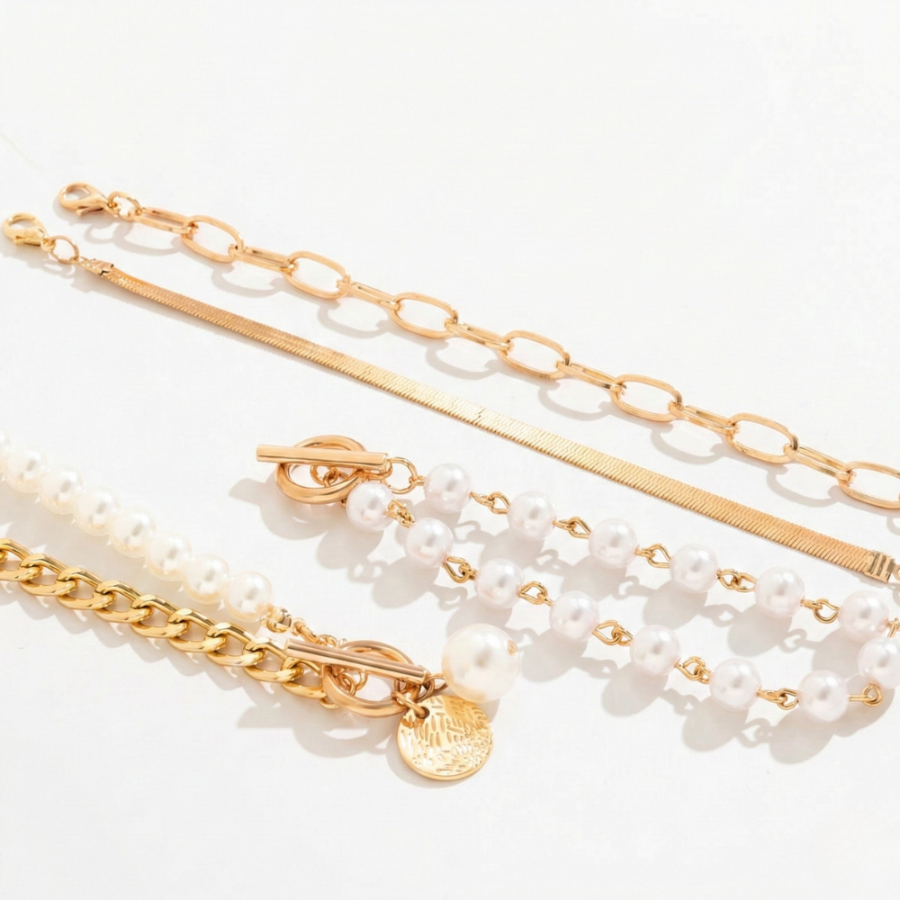 Women's Multi-Row Bracelet Set with Pearls & Chain Elements