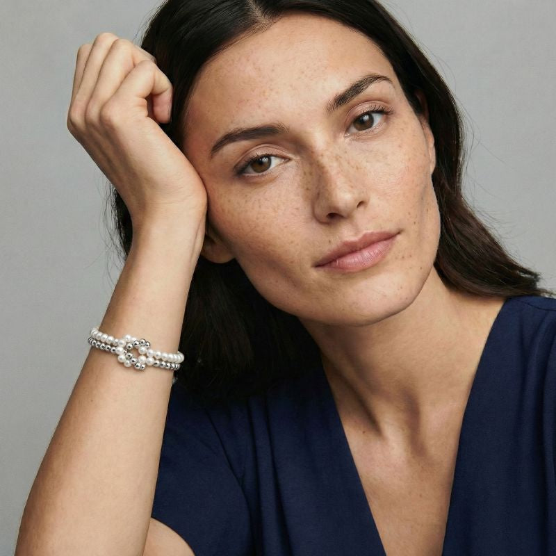 Women's Double Pearl Bracelet with Silver-Colored Ball Beads