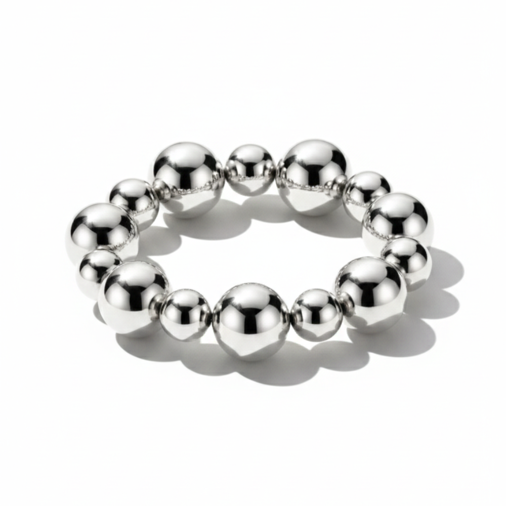 Ladies Elastic Ball Bracelet in Polished Silver Look