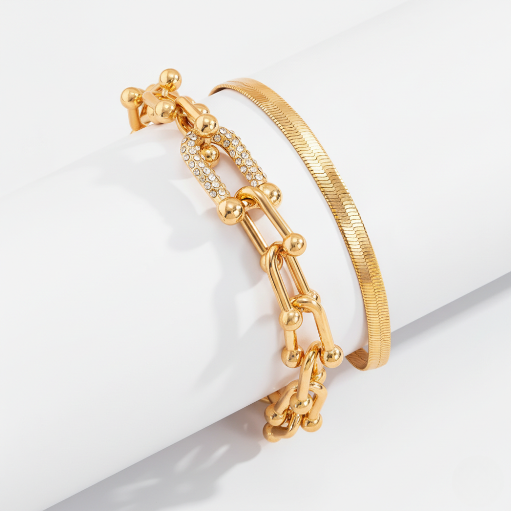 Ladies Bracelet Set with Link Design & Snake Bracelet in Gold Look
