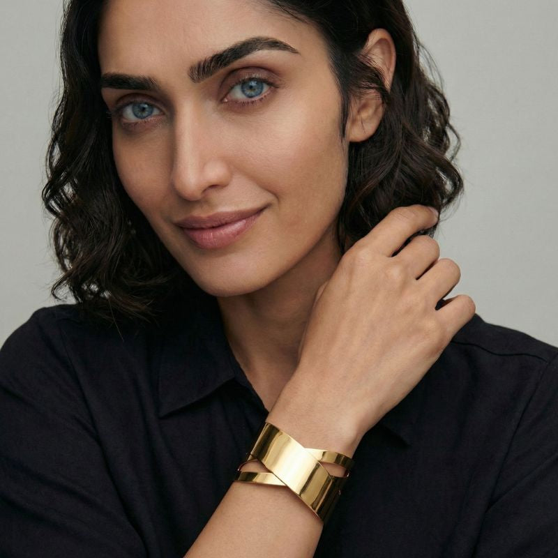 Women's Wide Bangle Bracelet in Gold Look with Cross Design