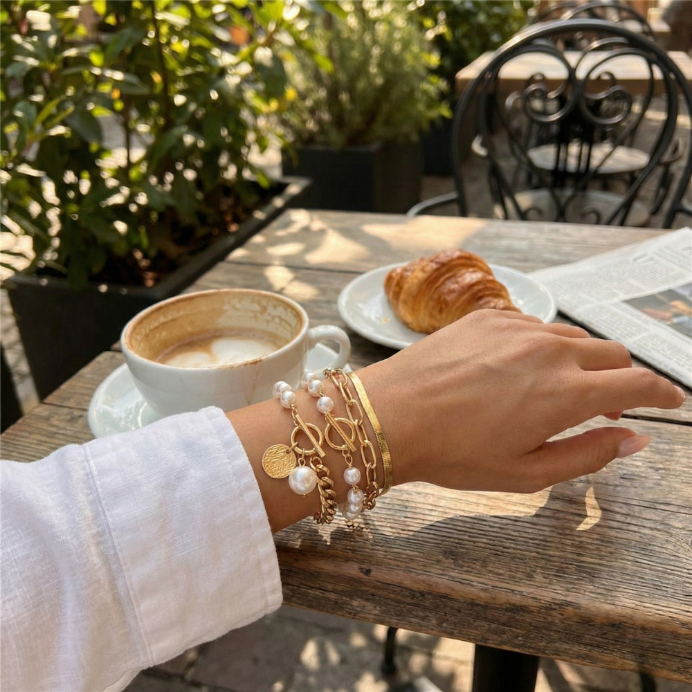 Women's Multi-Row Bracelet Set with Pearls & Chain Elements