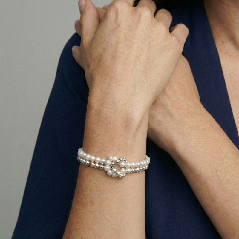 Women's Double Pearl Bracelet with Silver-Colored Ball Beads