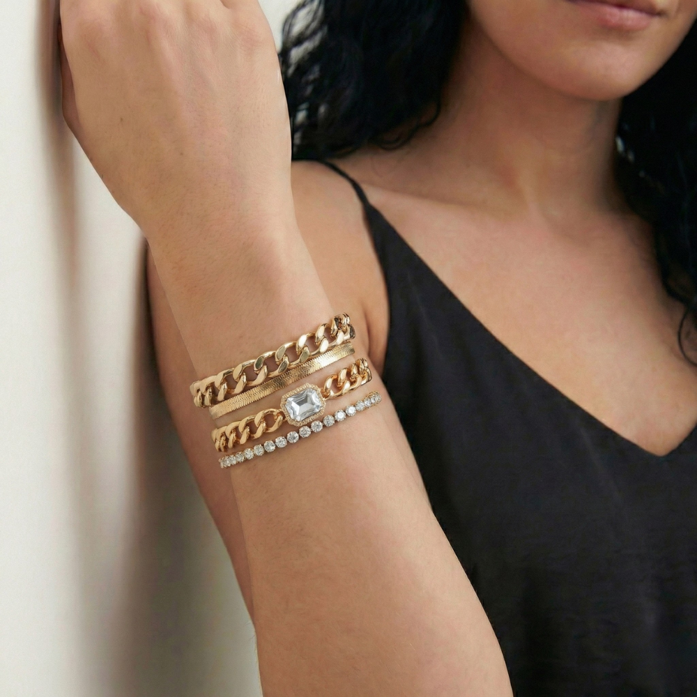 Women's Bracelet Set with Chain Links and Rhinestone Details