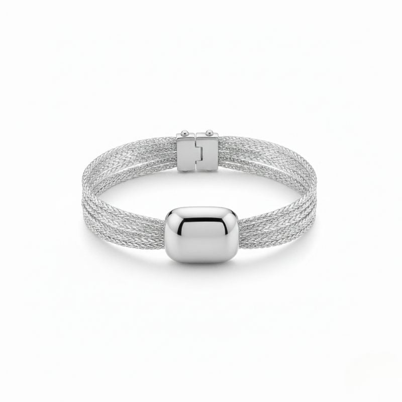 Ladies Braided Bracelet with Smooth Center in Silver Look