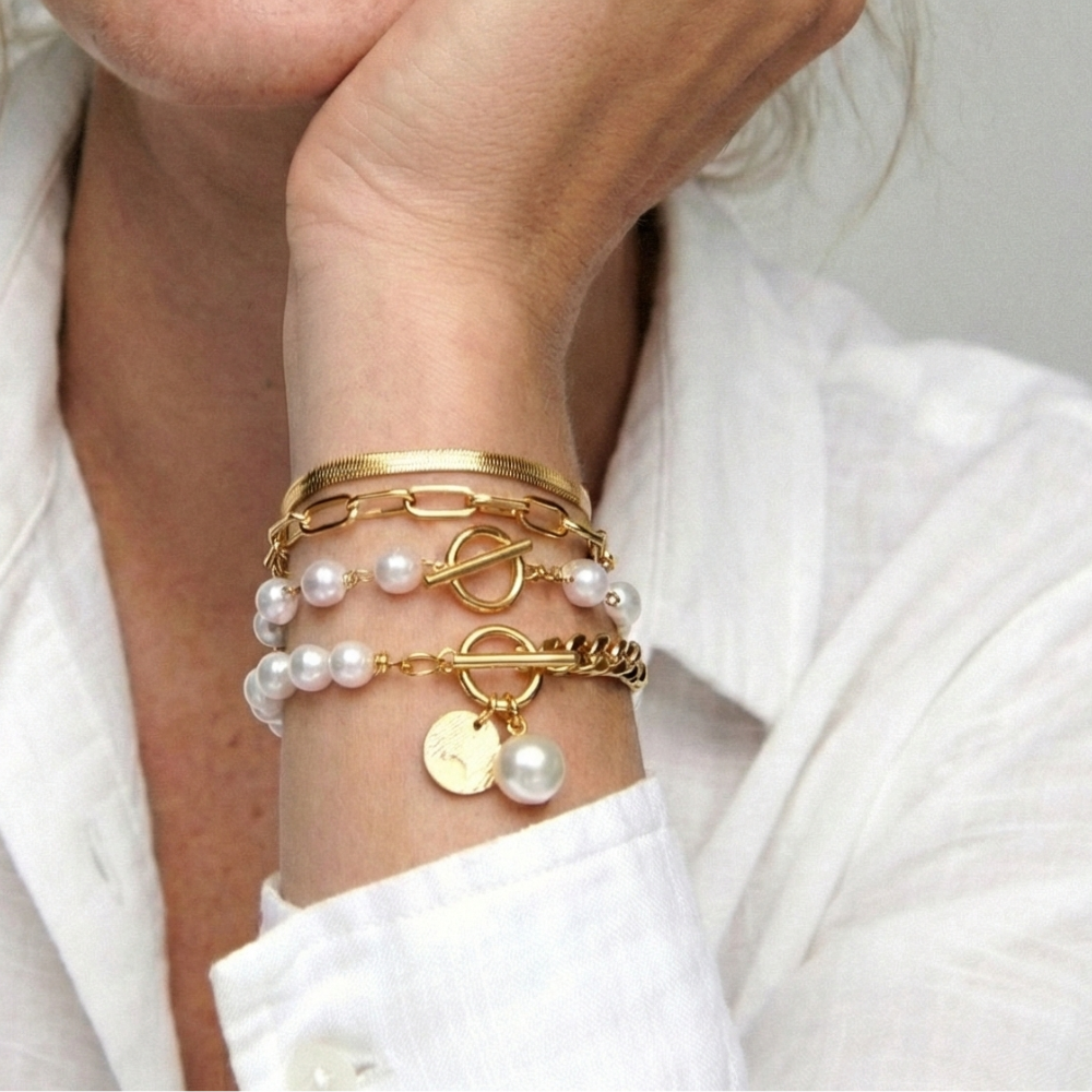 Women's Multi-Row Bracelet Set with Pearls & Chain Elements
