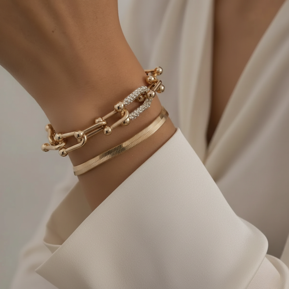 Ladies Bracelet Set with Link Design & Snake Bracelet in Gold Look