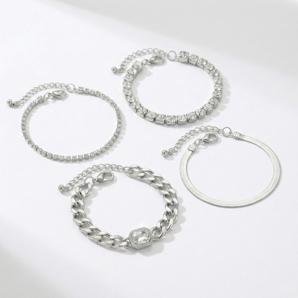 Women's Bracelet Set with Chain Links and Rhinestone Details