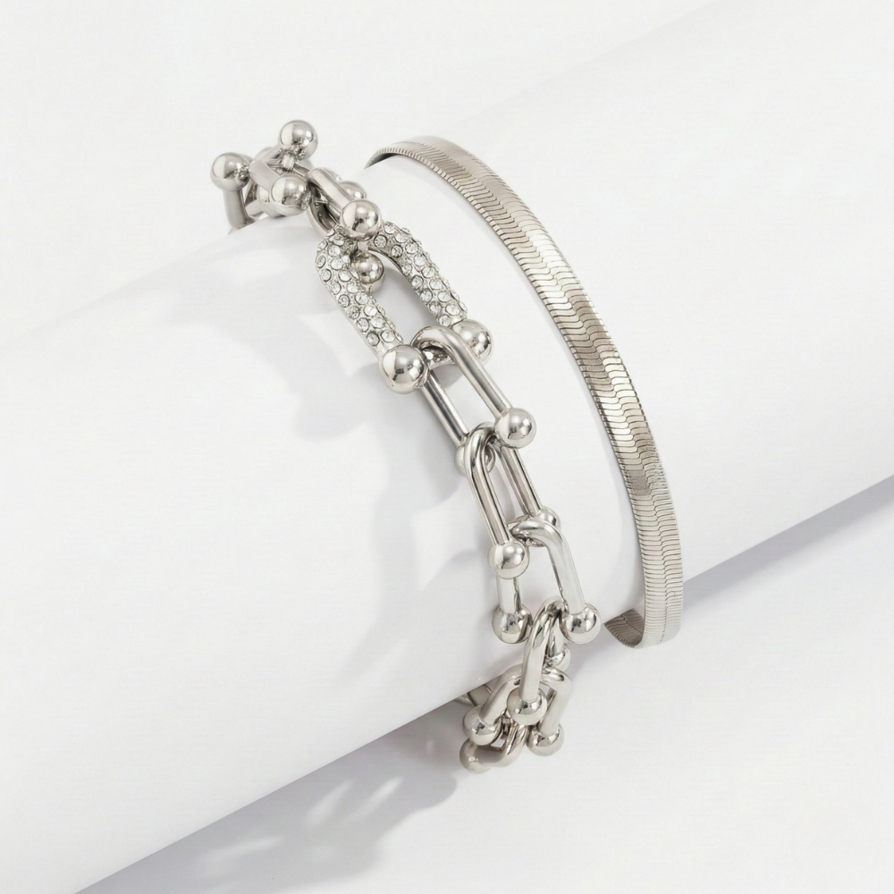 Ladies Bracelet Set with Link Design & Snake Bracelet in Gold Look