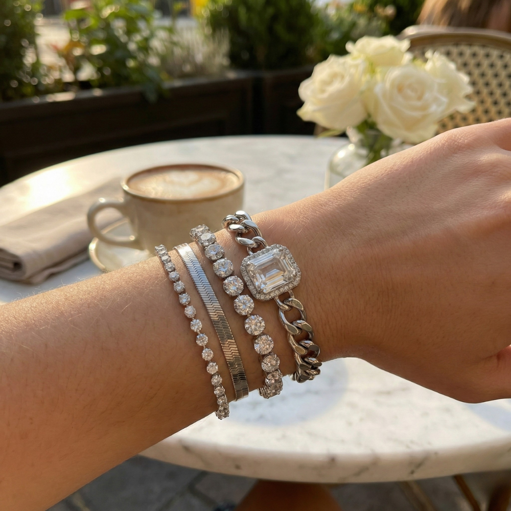 Women's Bracelet Set with Chain Links and Rhinestone Details