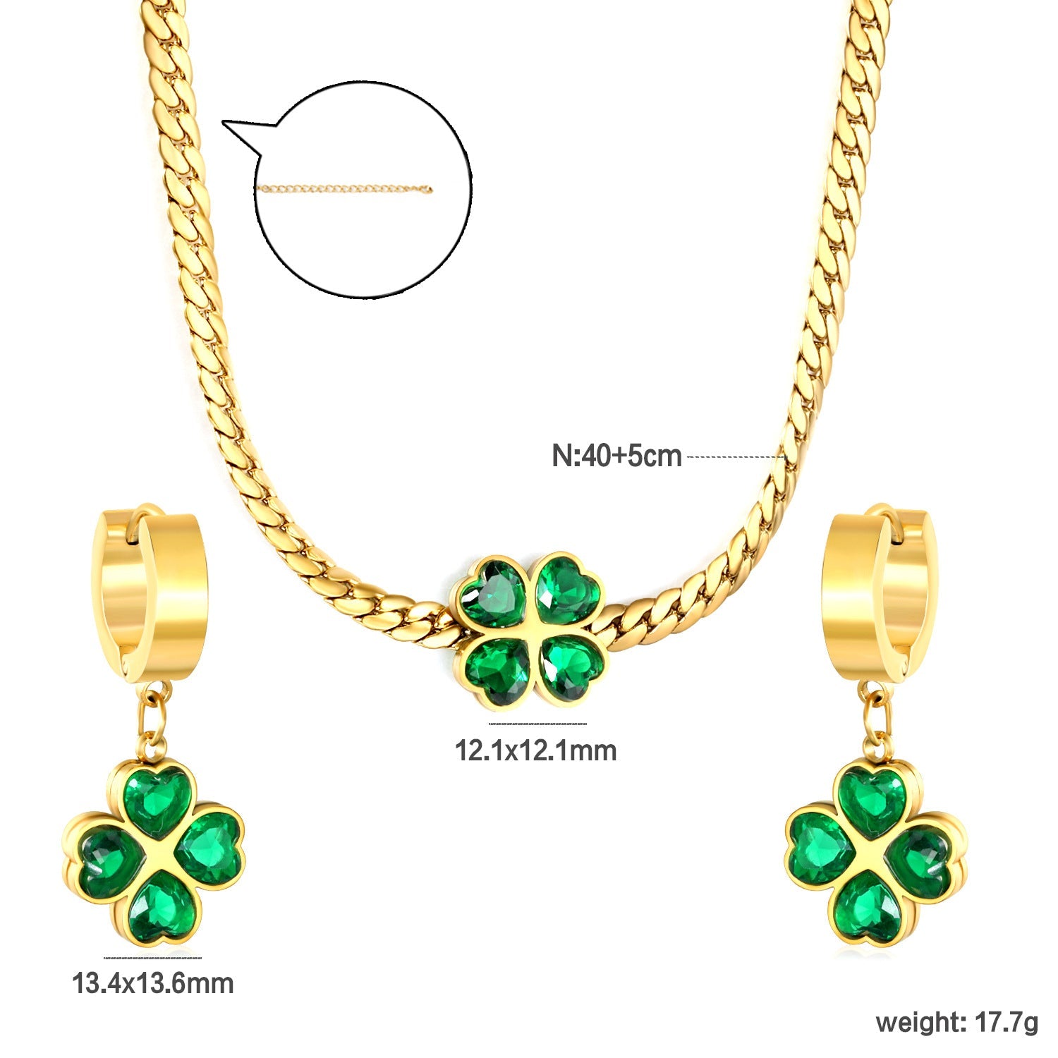 Women's jewelry set with four-leaf clover pendant and stud earrings