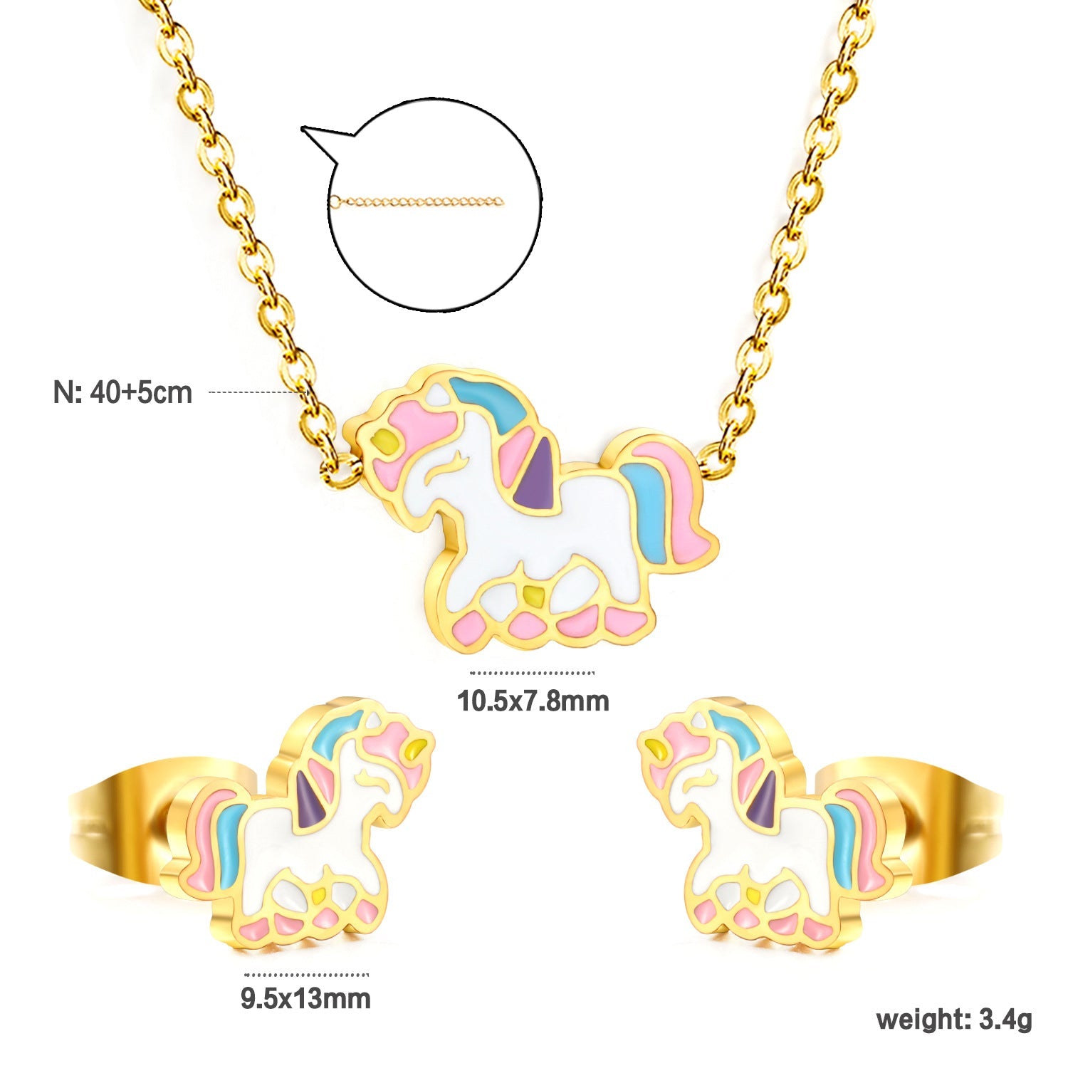 Ladies jewelry set with cute unicorn pendants made of high-quality stainless steel