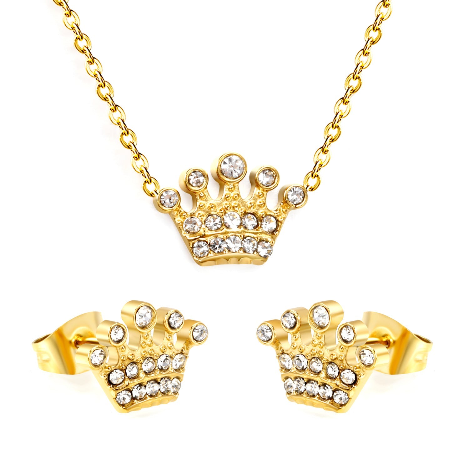 Women’s jewelry set with crown pendants and elegant stud earrings