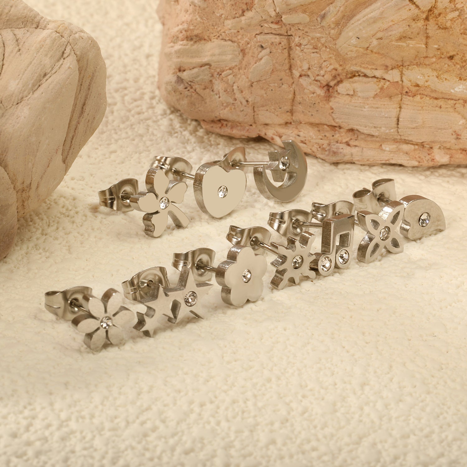 Women's stud earrings set made of hypoallergenic stainless steel with sparkling zirconia