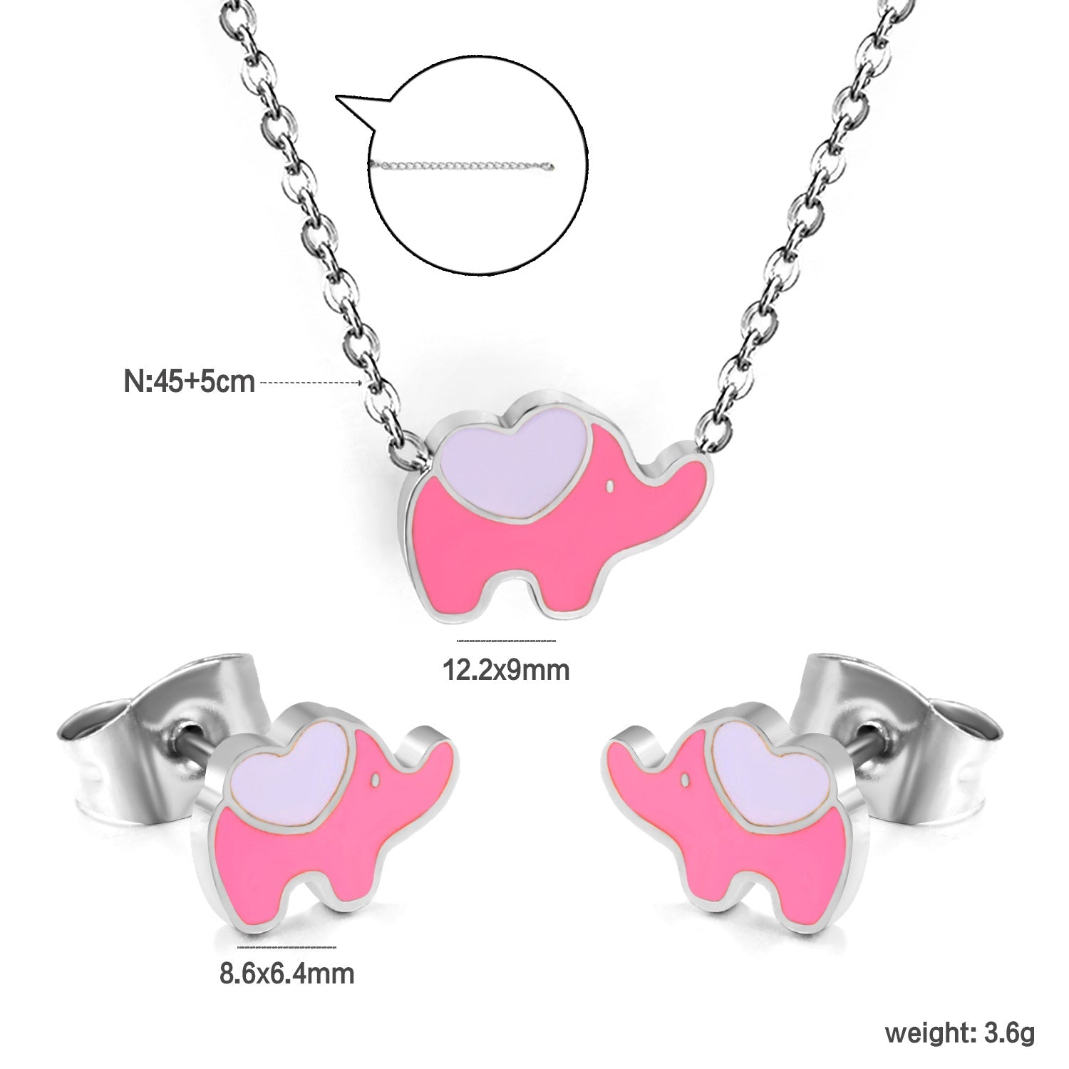 Women's jewelry set with cute elephant pendant and matching earrings