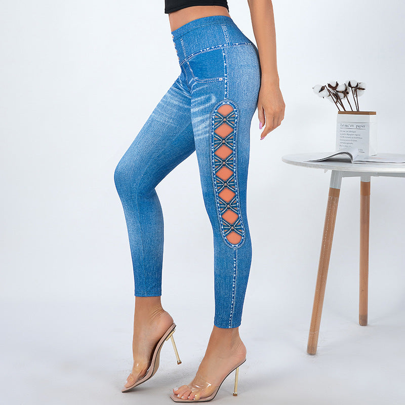 Women's leggings with playful cut-out details and decorative ribbons