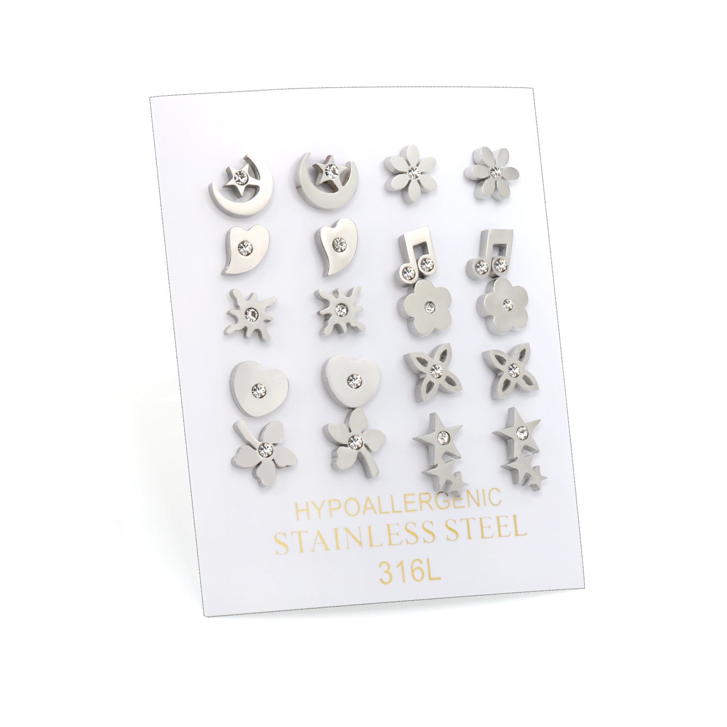 Women's stud earrings set made of hypoallergenic stainless steel with sparkling zirconia