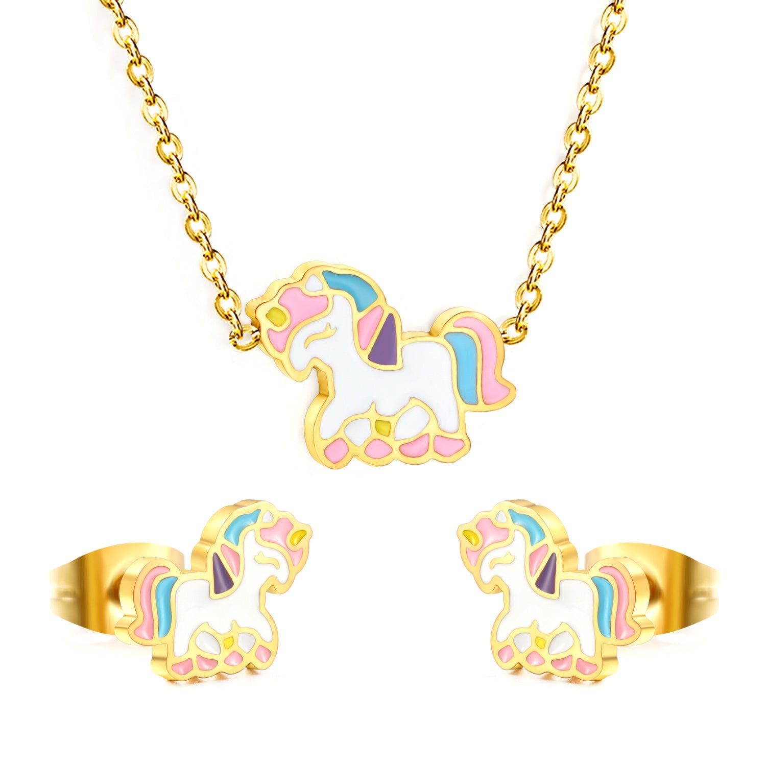 Ladies jewelry set with cute unicorn pendants made of high-quality stainless steel