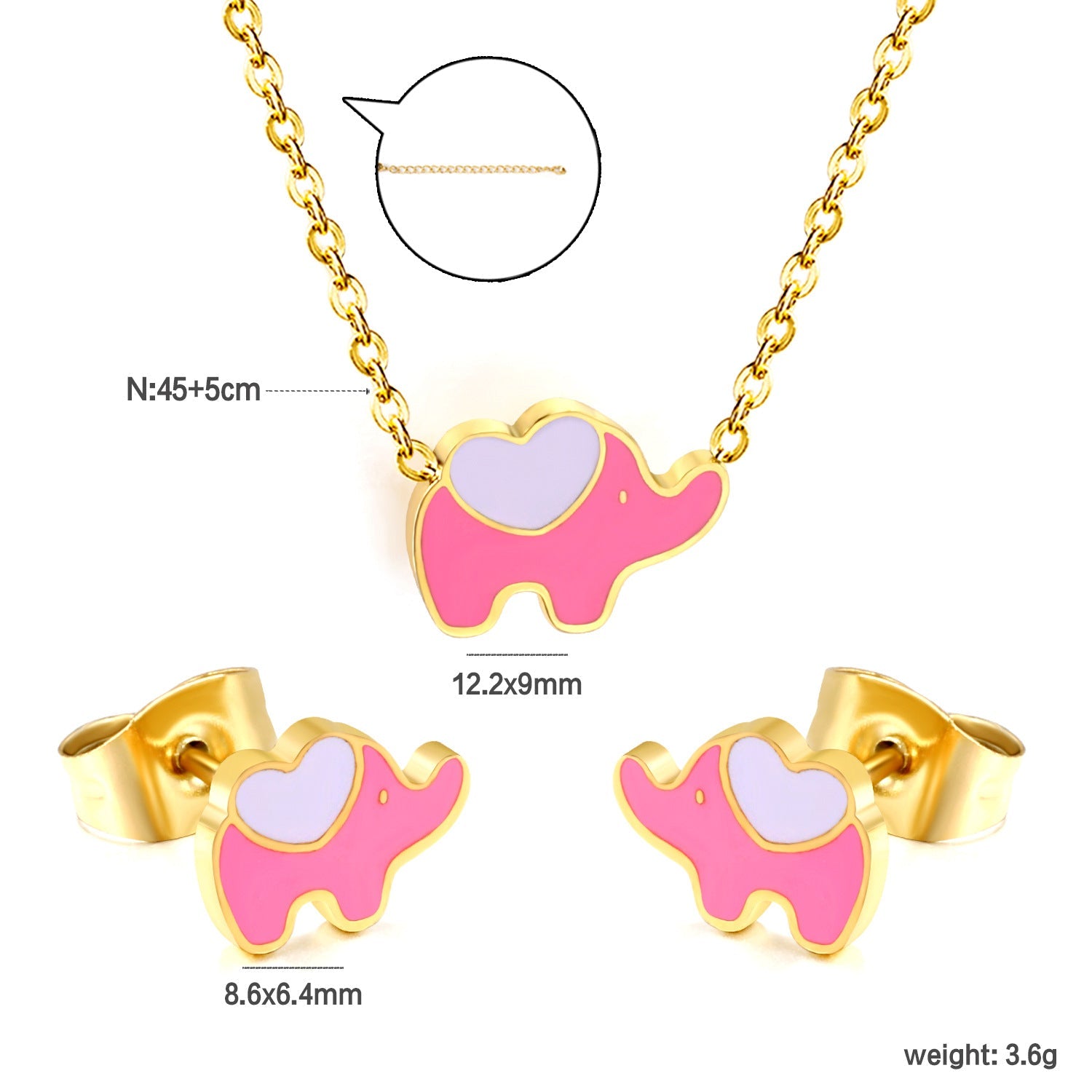 Women's jewelry set with cute elephant pendant and matching earrings